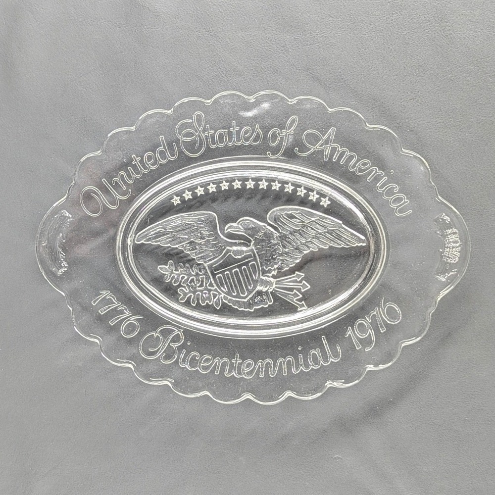 Vintage 1776-1976 US Bicentennial Clear Pressed Glass Eagle Oval Tray Dish